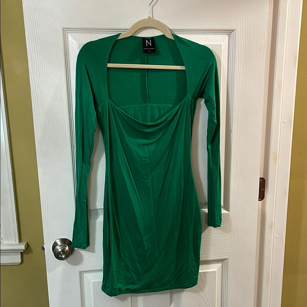 Naked Wardrobe Green Square Neck Bodycon Dress